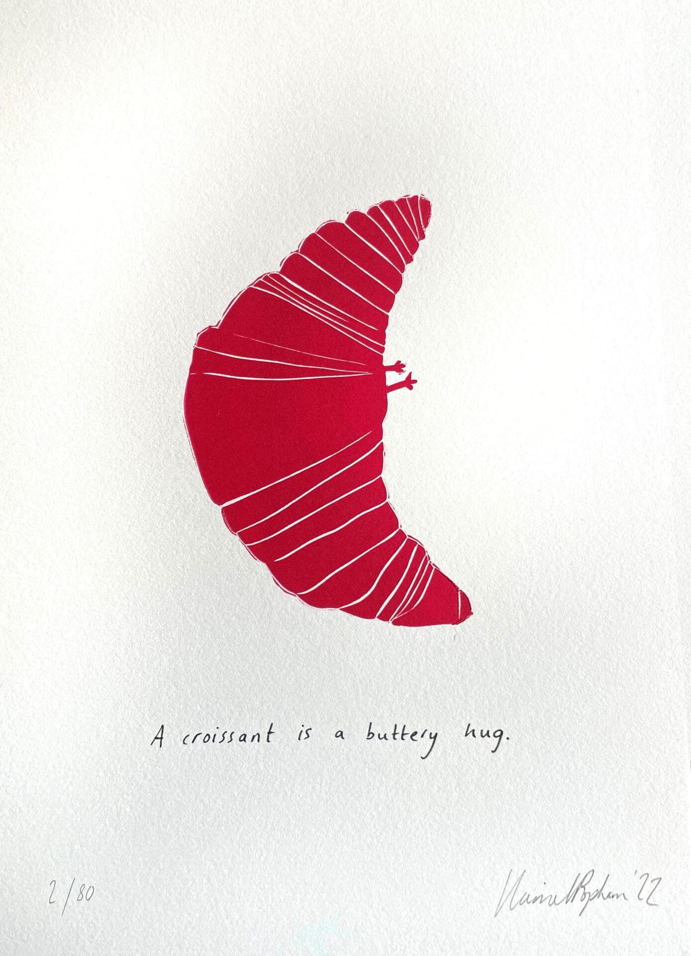 Artwork A Croissant is a Buttery Hug A4 Linocut (framed and Unframed) homeware shops bristol gift shops bristol Harriet Popham