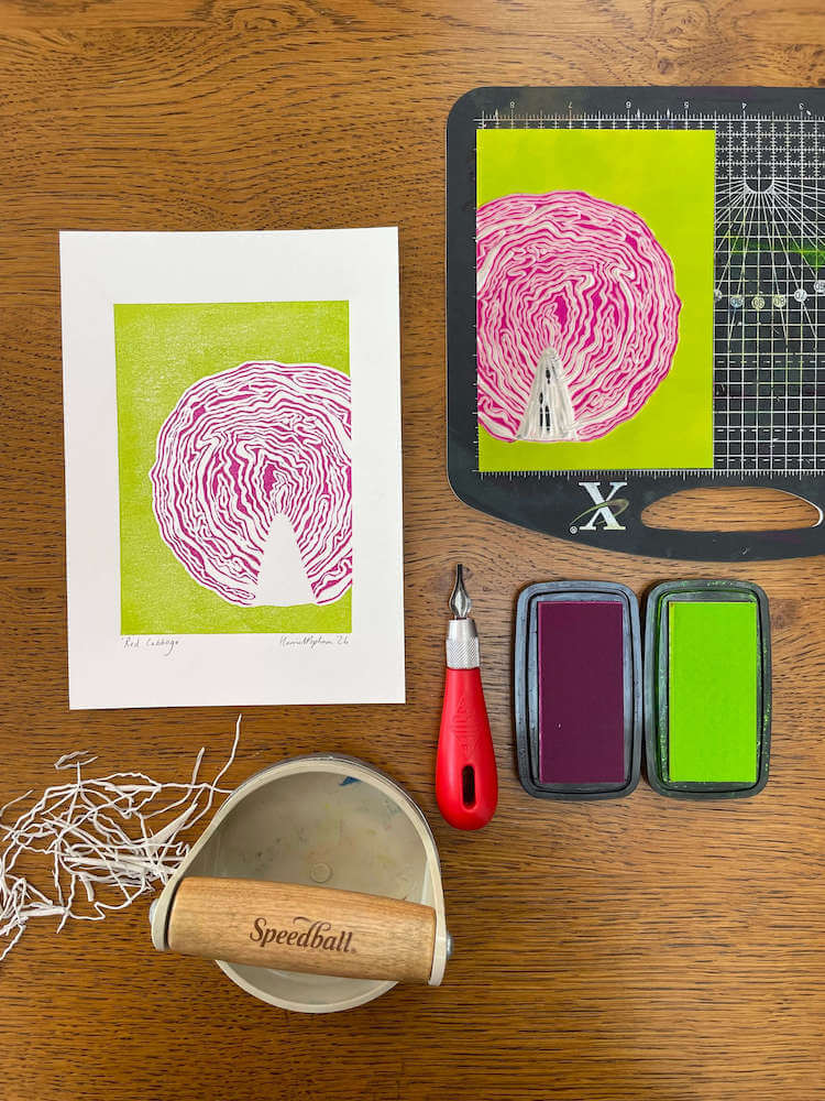 Lino Print Red Cabbage Mini Print A5 Hand Printed Lino Print homeware shops bristol gift shops bristol Harriet Popham