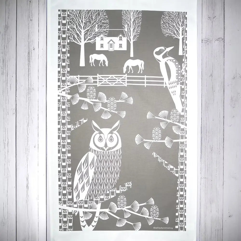 Grey Tea Towel Owl Charcoal Grey Tea Towel homeware shops bristol gift shops bristol Ash Leaf Printmaking