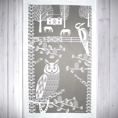 Grey Tea Towel Owl Charcoal Grey Tea Towel homeware shops bristol gift shops bristol Ash Leaf Printmaking
