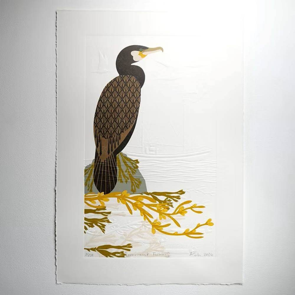Prints 'Cormorant Fishing' Reduction Lino Print - Embossed Limited Edition homeware shops bristol gift shops bristol Ash Leaf Printmaking