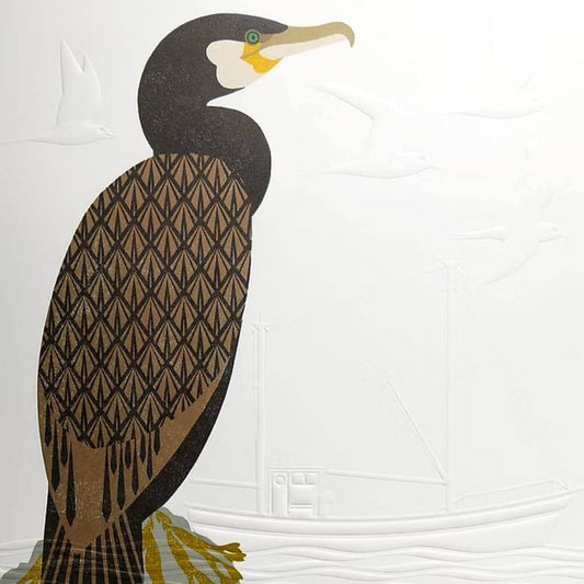 Prints 'Cormorant Fishing' Reduction Lino Print - Embossed Limited Edition homeware shops bristol gift shops bristol Ash Leaf Printmaking