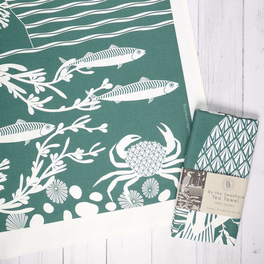 Tea Towel By the Seashore Dark Teal Tea Towel homeware shops bristol gift shops bristol Ash Leaf Printmaking