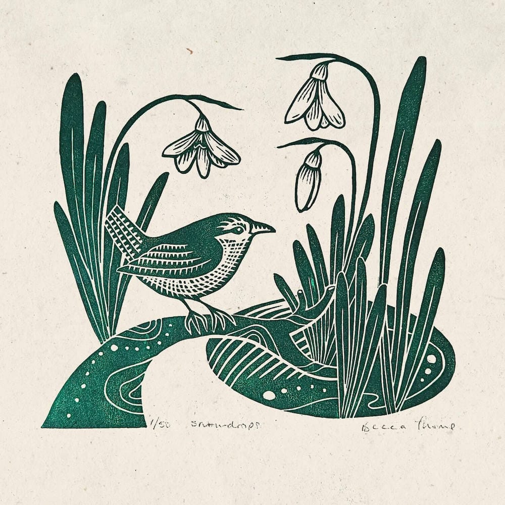 Bird Linocut Snowdrops Original Linocut Print homeware shops bristol gift shops bristol Becca Thorne Illustration