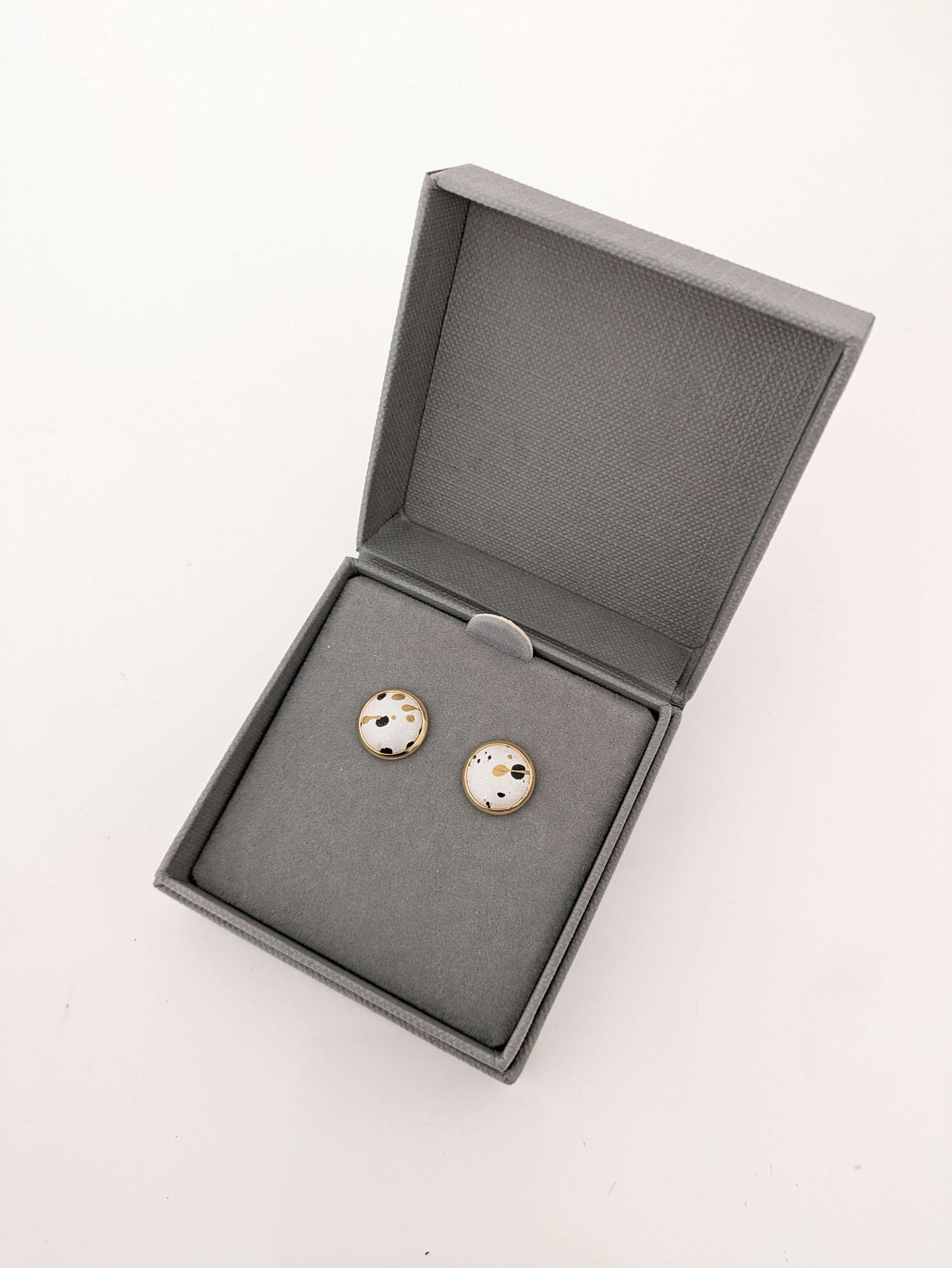 Earrings Pearly White with Black Print & Gold Flecks Mini Studs in Stainless Steel - Various Colours homeware shops bristol gift shops bristol Bex & Bolt