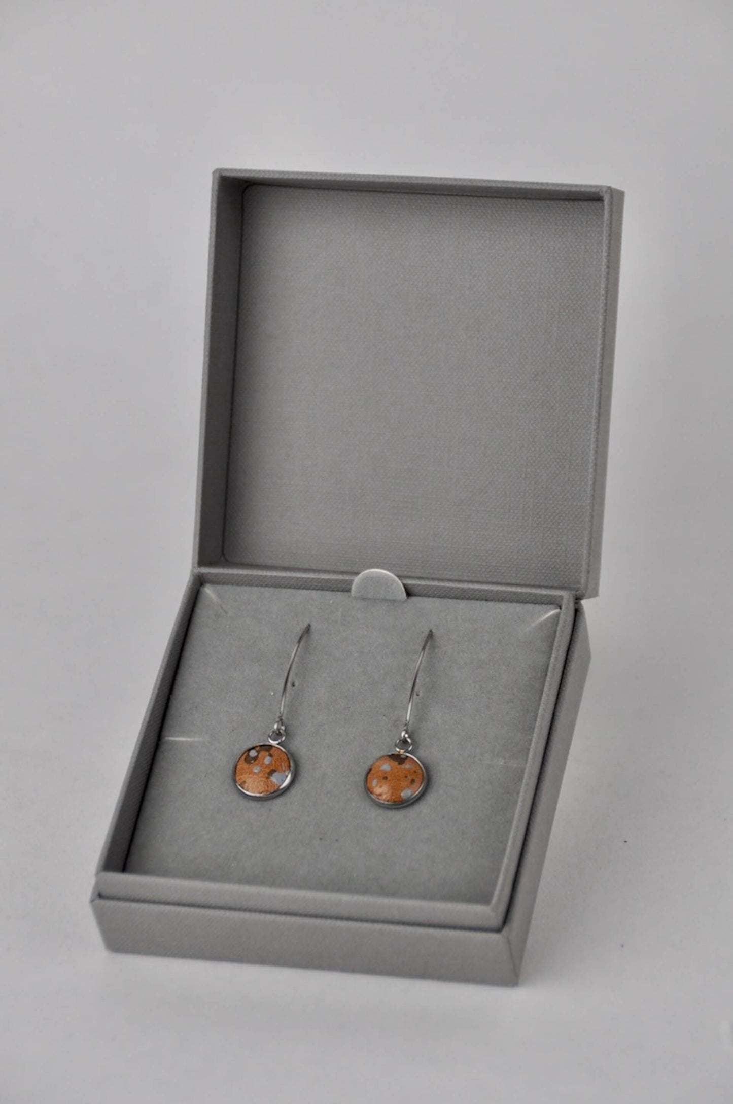Earrings Tan Leather with Metallic Bronze & Grey Flecks Stainless Steel V Shape Drops with Gift Box (multiple colours) homeware shops bristol gift shops bristol Bex & Bolt