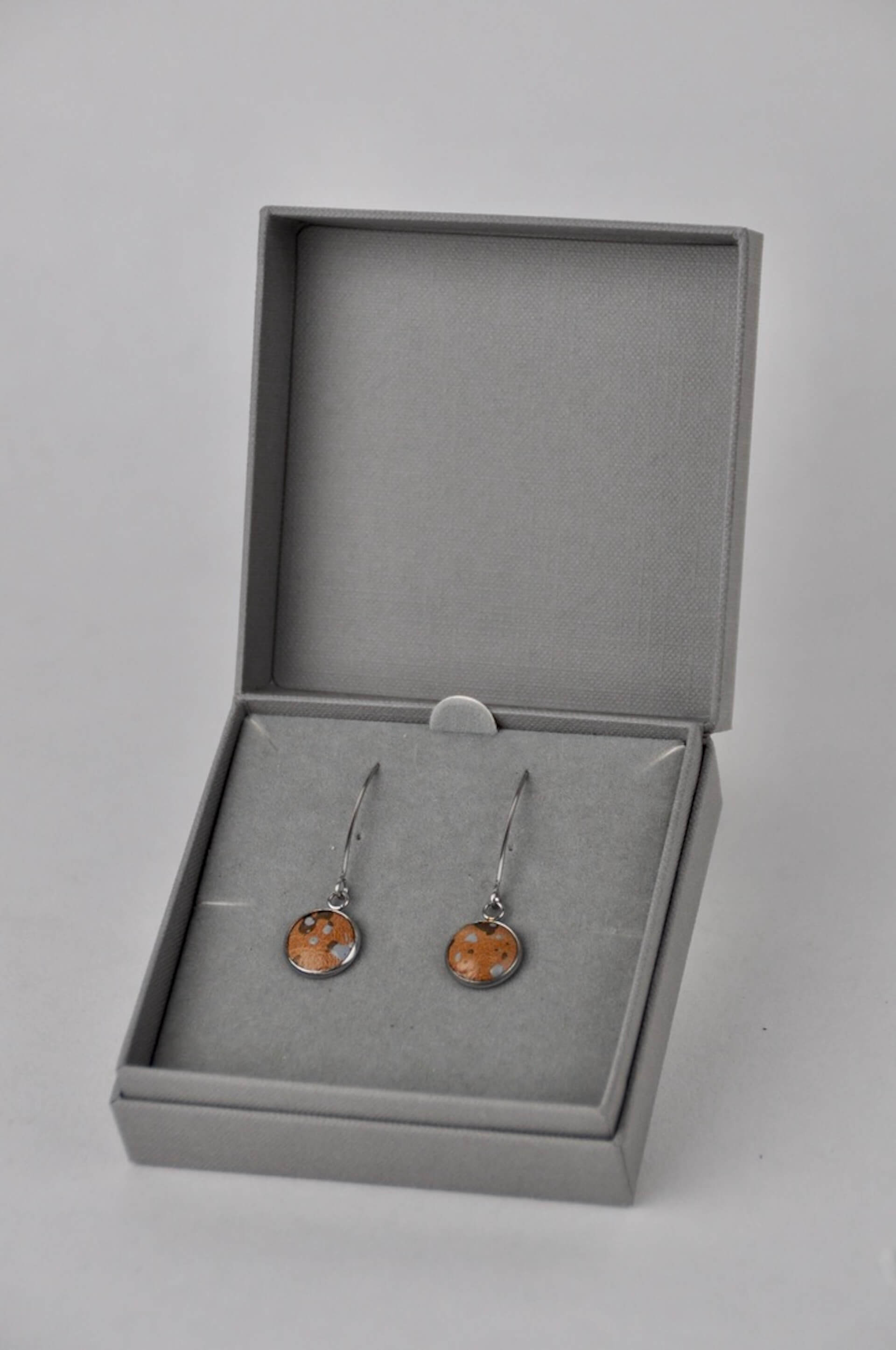 Earrings Tan Leather with Metallic Bronze & Grey Flecks Stainless Steel V Shape Drops with Gift Box (multiple colours) homeware shops bristol gift shops bristol Bex & Bolt