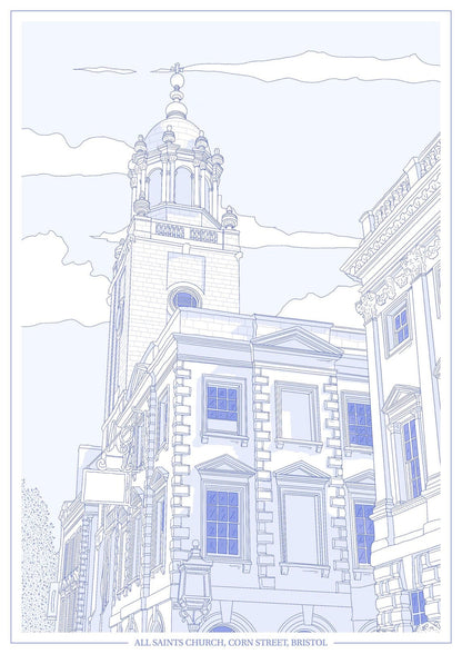 Print Blue All Saints Church, Corn Street Print - A4 (various colours) homeware shops bristol gift shops bristol Ellie Rowe Design