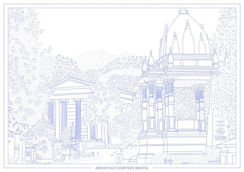 Print Blue Arnos Vale Cemetery Print - A4 (various colours) homeware shops bristol gift shops bristol Ellie Rowe Design