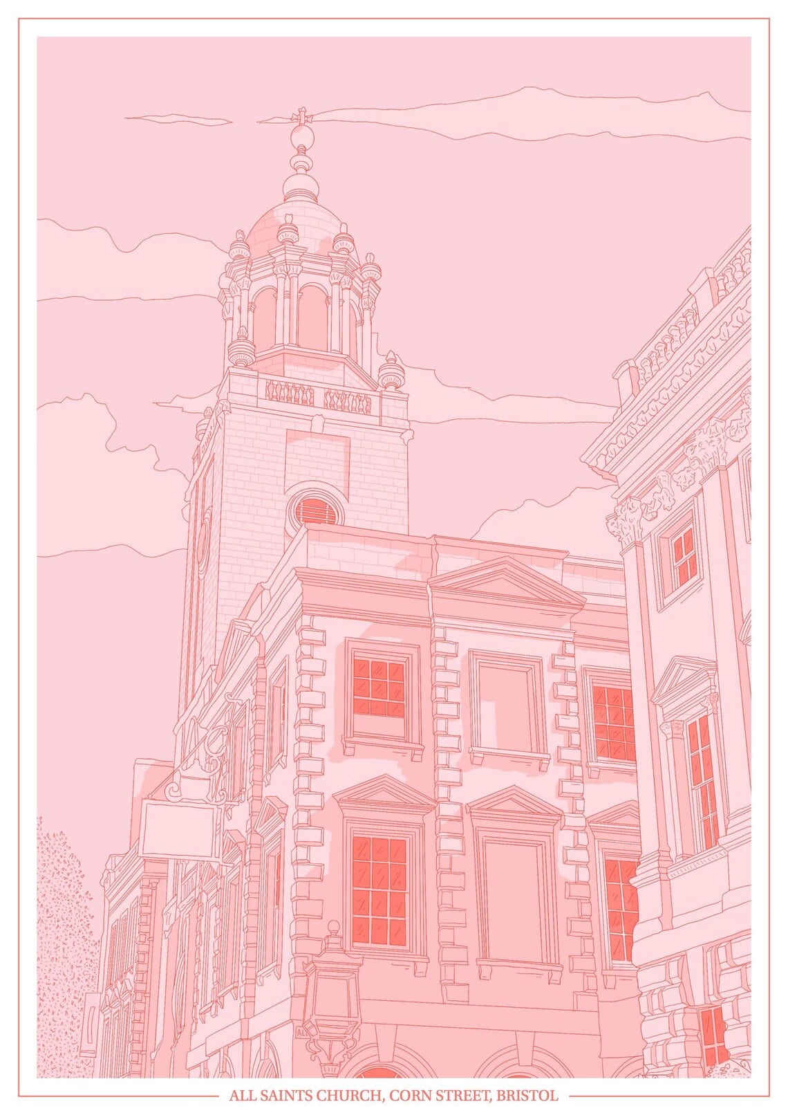 Print Pink All Saints Church, Corn Street Print - A4 (various colours) homeware shops bristol gift shops bristol Ellie Rowe Design