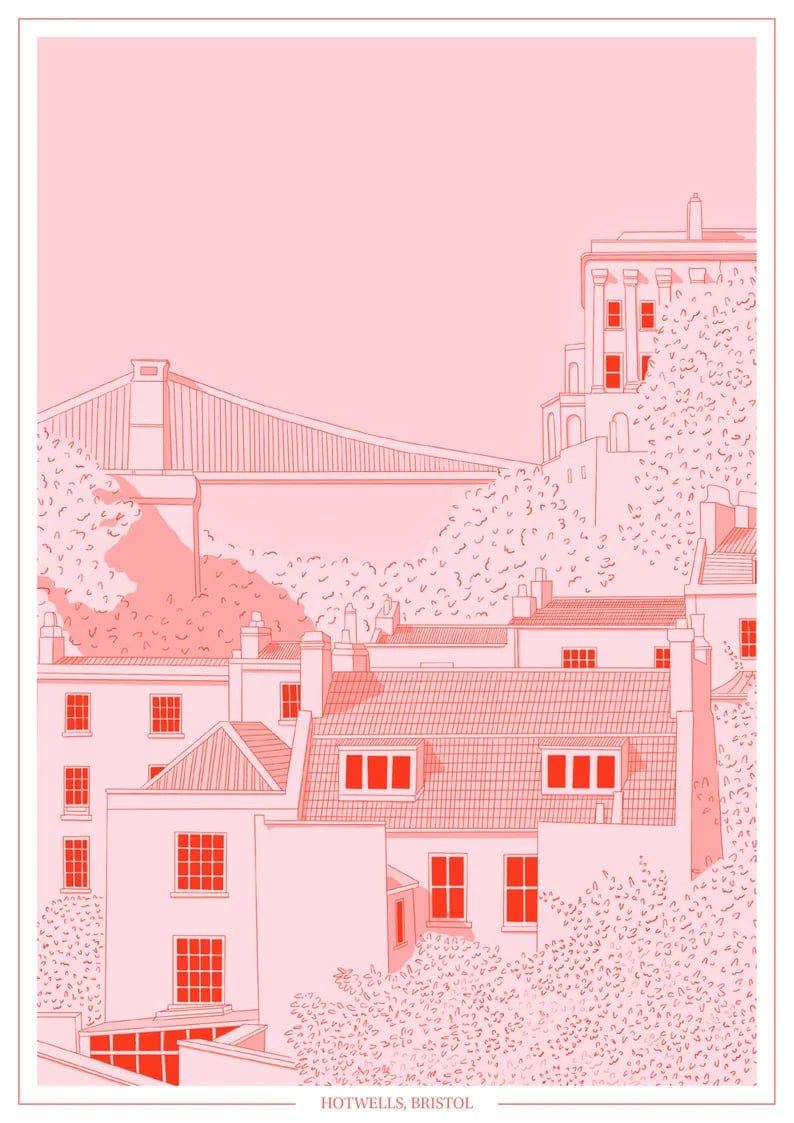 Print Pink Clifton Suspension Bridge Print Hotwells - A4 (various colours) homeware shops bristol gift shops bristol Ellie Rowe Design