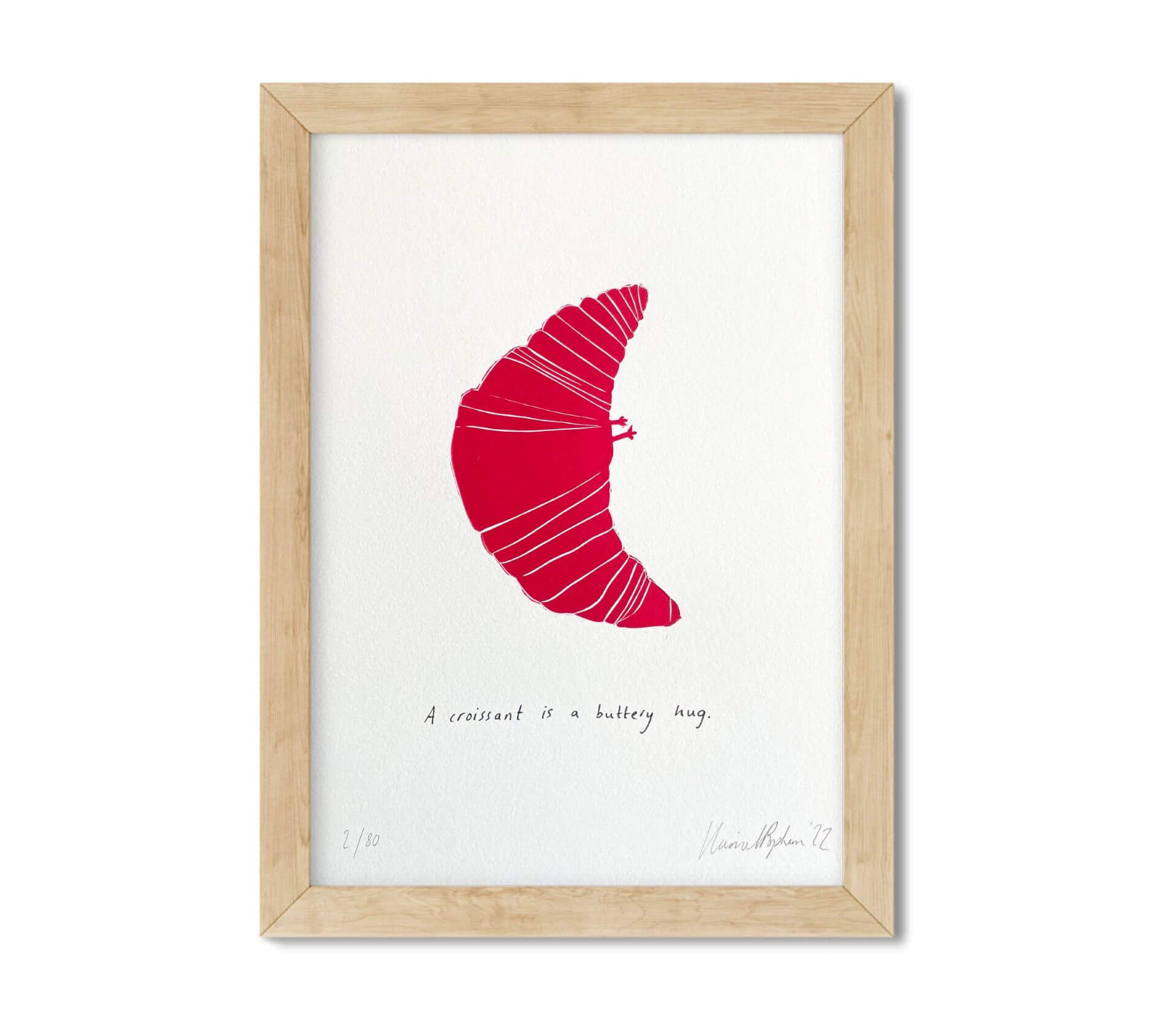 Artwork A Croissant is a Buttery Hug A4 Linocut (framed and Unframed) homeware shops bristol gift shops bristol Harriet Popham