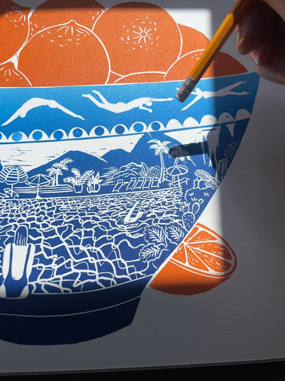 Framed Artwork Swimmers Bowl A3 Original Lino Print (signed by the artist) homeware shops bristol gift shops bristol Harriet Popham