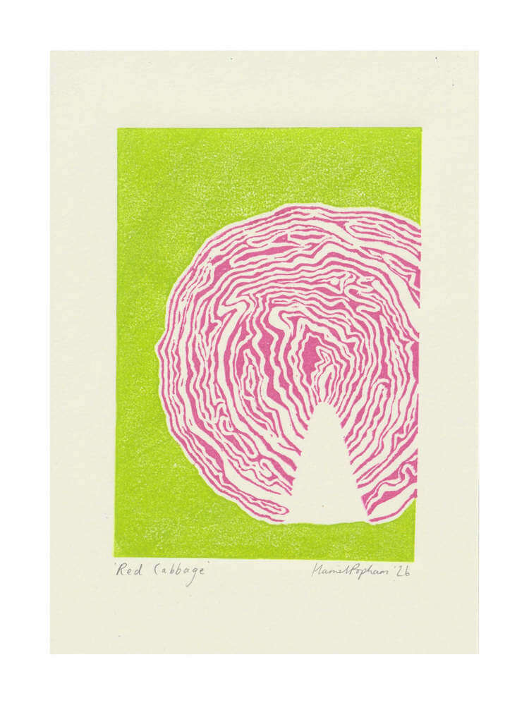 Lino Print Red Cabbage Mini Print A5 Hand Printed Lino Print homeware shops bristol gift shops bristol Harriet Popham
