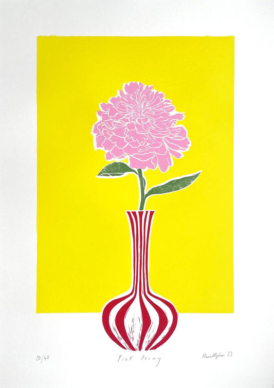Print 'Pink Peony' A2 Original Linocut (Framed) homeware shops bristol gift shops bristol Harriet Popham