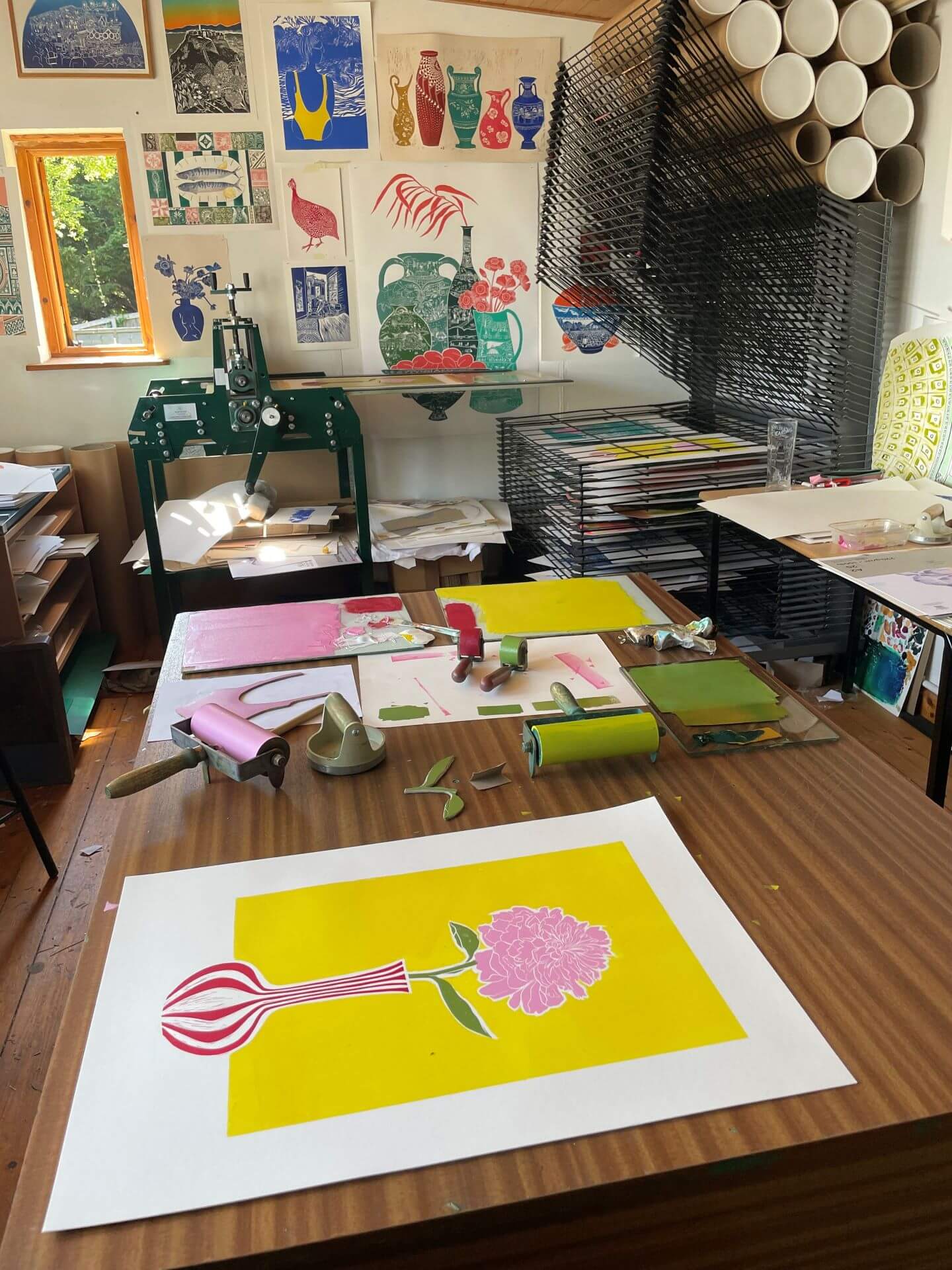 Print 'Pink Peony' A2 Original Linocut (Framed) homeware shops bristol gift shops bristol Harriet Popham