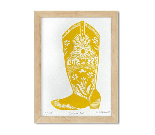 Prints Framed Sunshine Boot - A4 Original Lino Print - Limited Edition (Framed or Unframed) homeware shops bristol gift shops bristol Harriet Popham