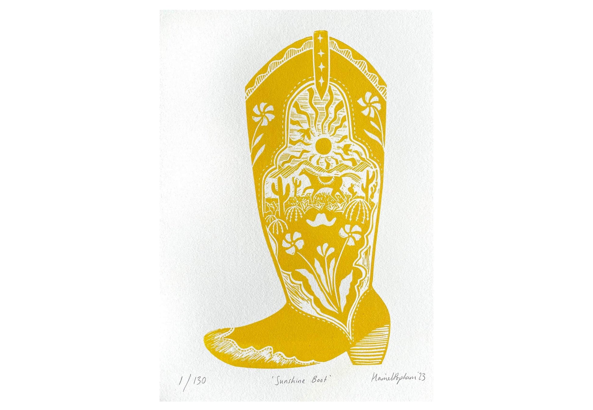 Prints Unframed Sunshine Boot - A4 Original Lino Print - Limited Edition (Framed or Unframed) homeware shops bristol gift shops bristol Harriet Popham