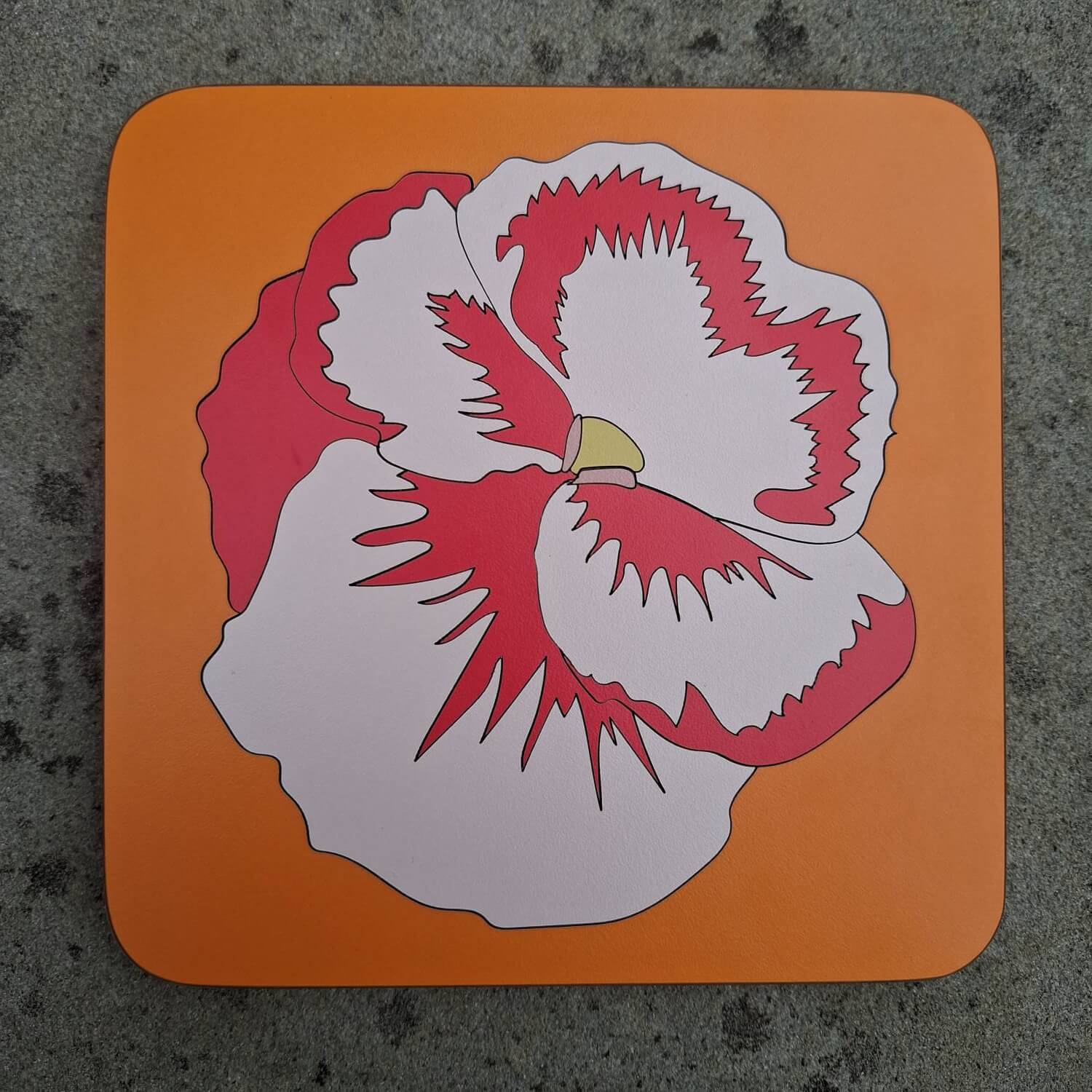 Orange, Pale Blush & Red Pansy Marquetry Pan Trivet - Various Colours homeware shops bristol gift shops bristol Lucy Turner