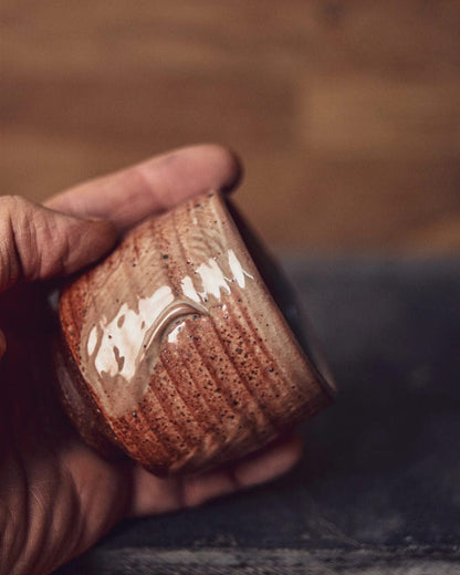 Ceramic Cup Graining Stoneware Cup with Shino Glaze homeware shops bristol gift shops bristol Nicholas Dover Ceramics
