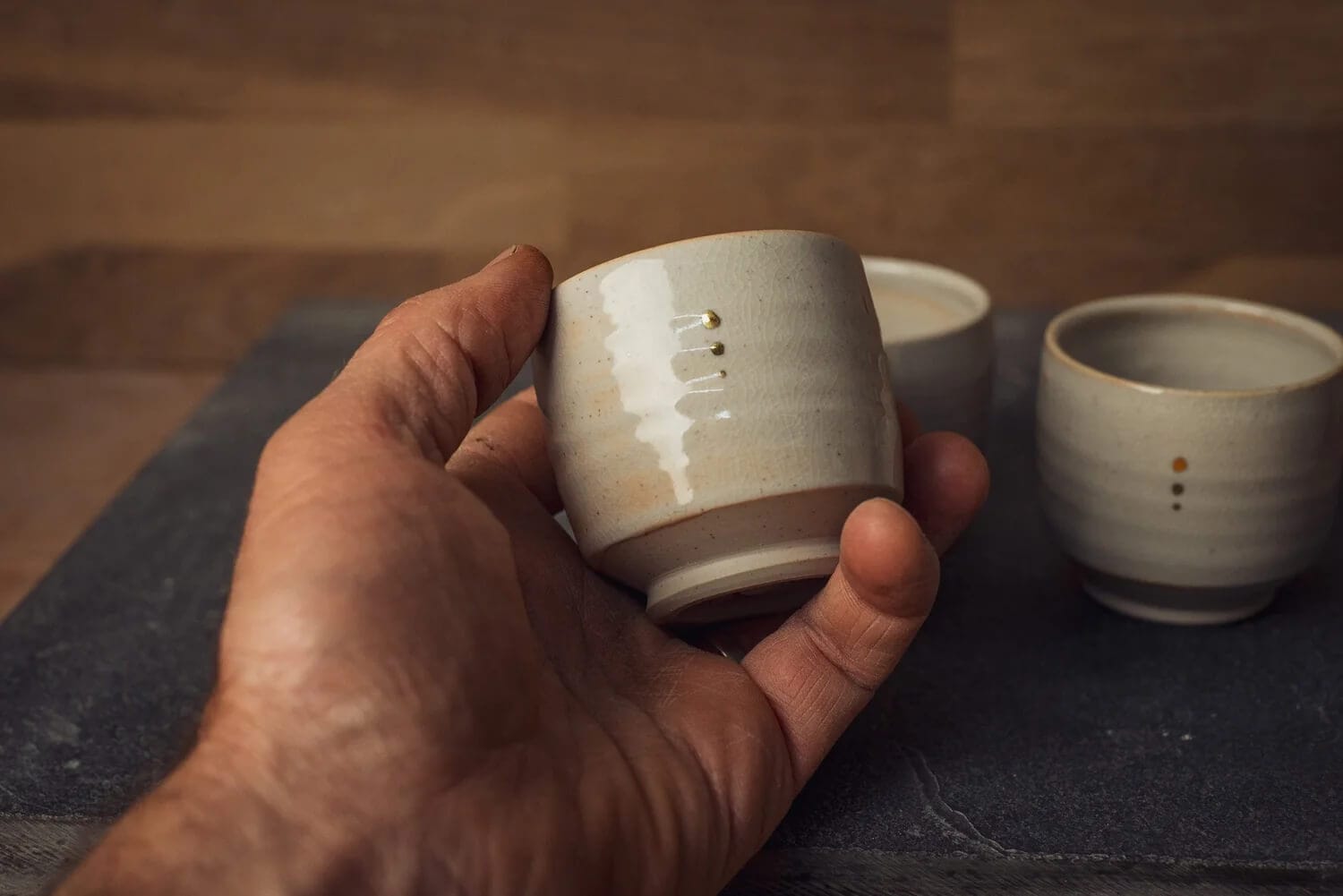 Handmade Cup White Shino 24k Gold Dot  Porcelain Yunomi Cup 5oz homeware shops bristol gift shops bristol Nicholas Dover Ceramics