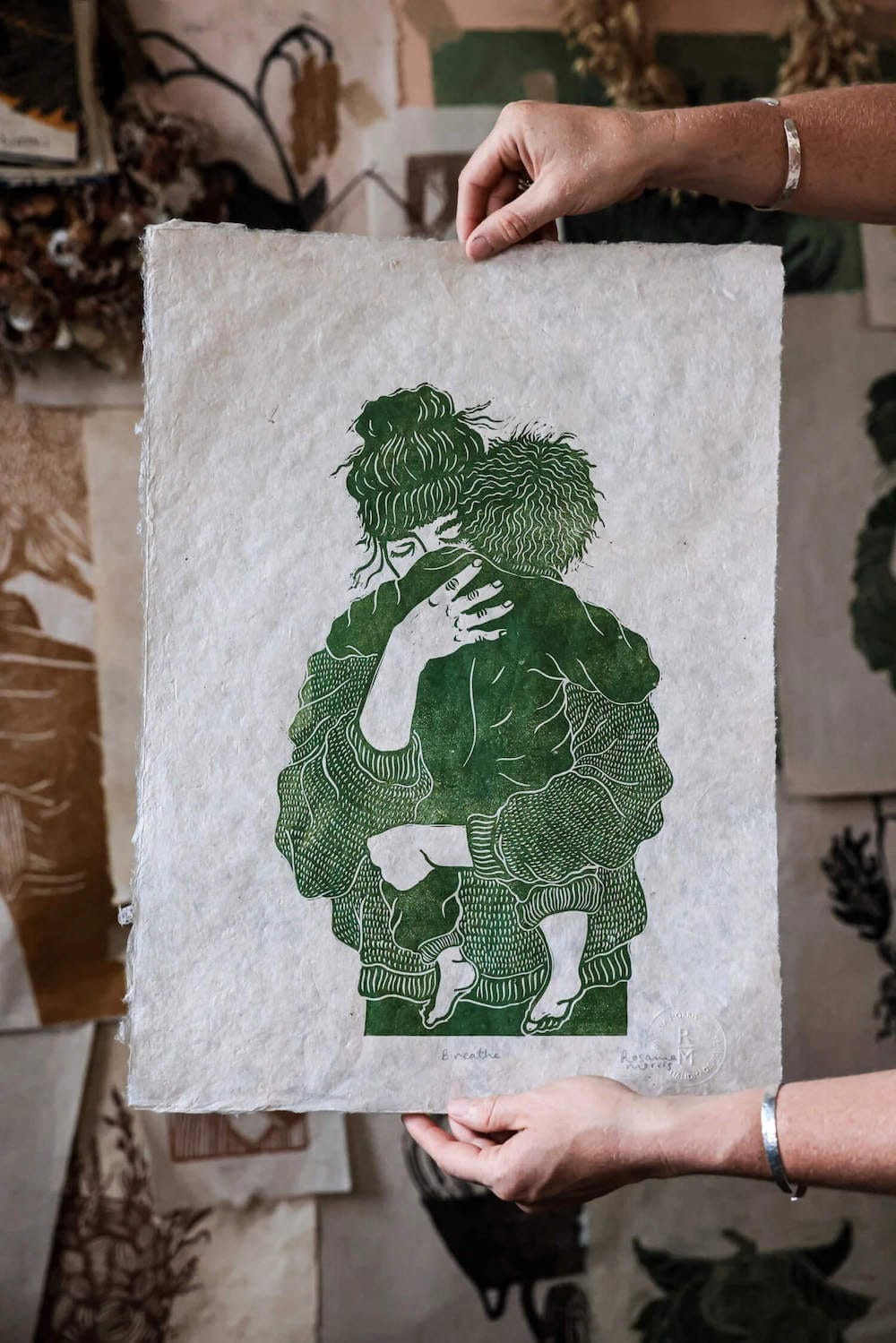 Motherhood Print Lino Print 'Breathe' homeware shops bristol gift shops bristol Rosanna Morris