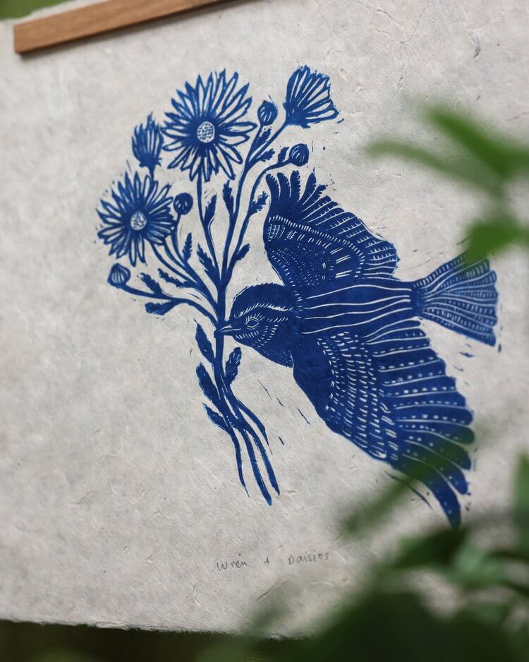 Prints Lino Print 'Wren & Daisies' - Two Colours homeware shops bristol gift shops bristol Rosanna Morris