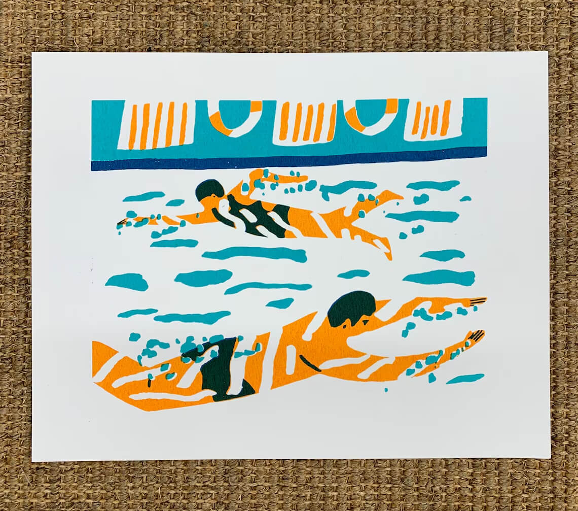 Prints 20x25 cm Lido Swimmers Screenprint homeware shops bristol gift shops bristol Sarah Martin Illustration