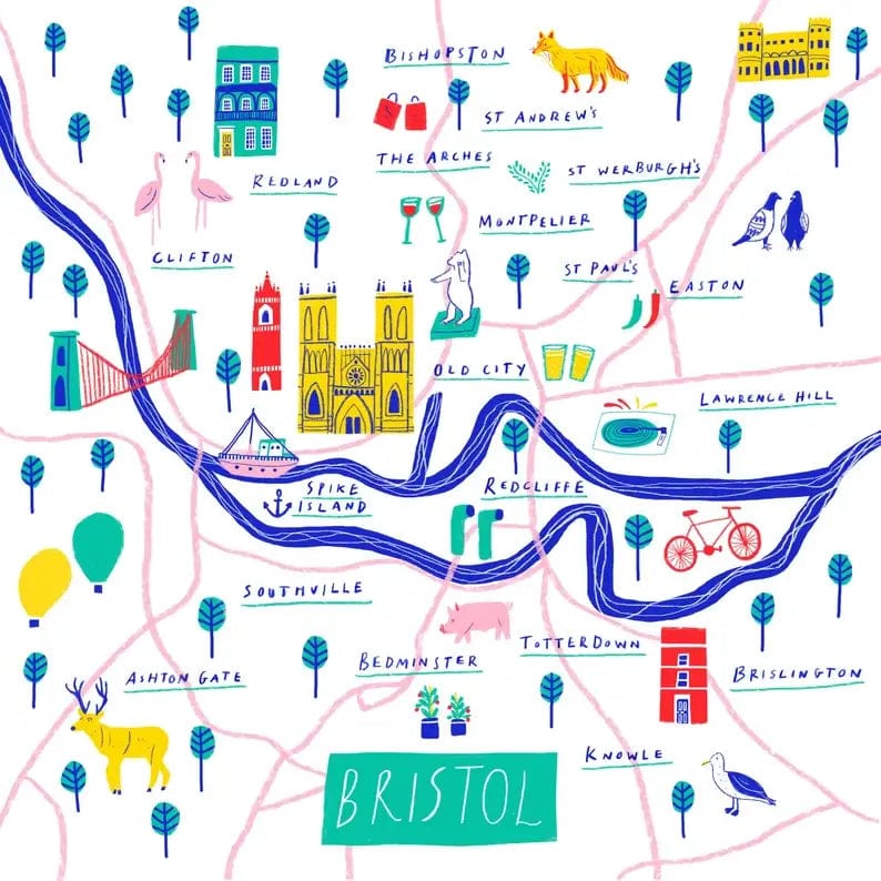 Prints Square 20x20 Bristol Map Giclee Print homeware shops bristol gift shops bristol Sarah Martin Illustration