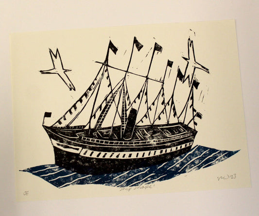 Print A5 Ship Shape, Original Linocut Print homeware shops bristol gift shops bristol Victoria Wilmott