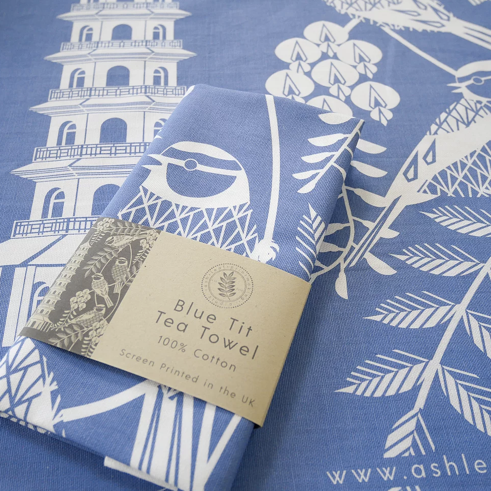 Tea Towel Blue Tits Tea Towel in Blue homeware shops bristol gift shops bristol Ash Leaf Printmaking