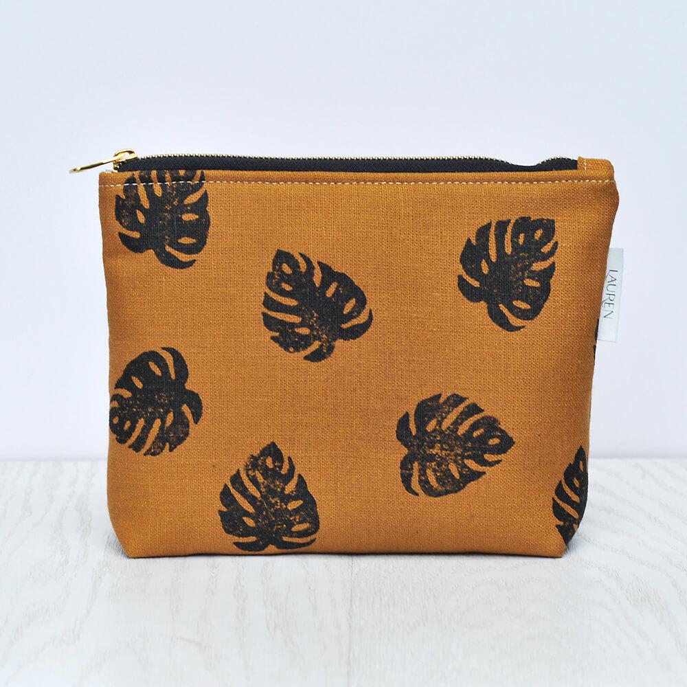 Make Up Bag Mustard / Monstera Linen Makeup/ Wash Bag homeware shops bristol gift shops bristol Lauren Holloway