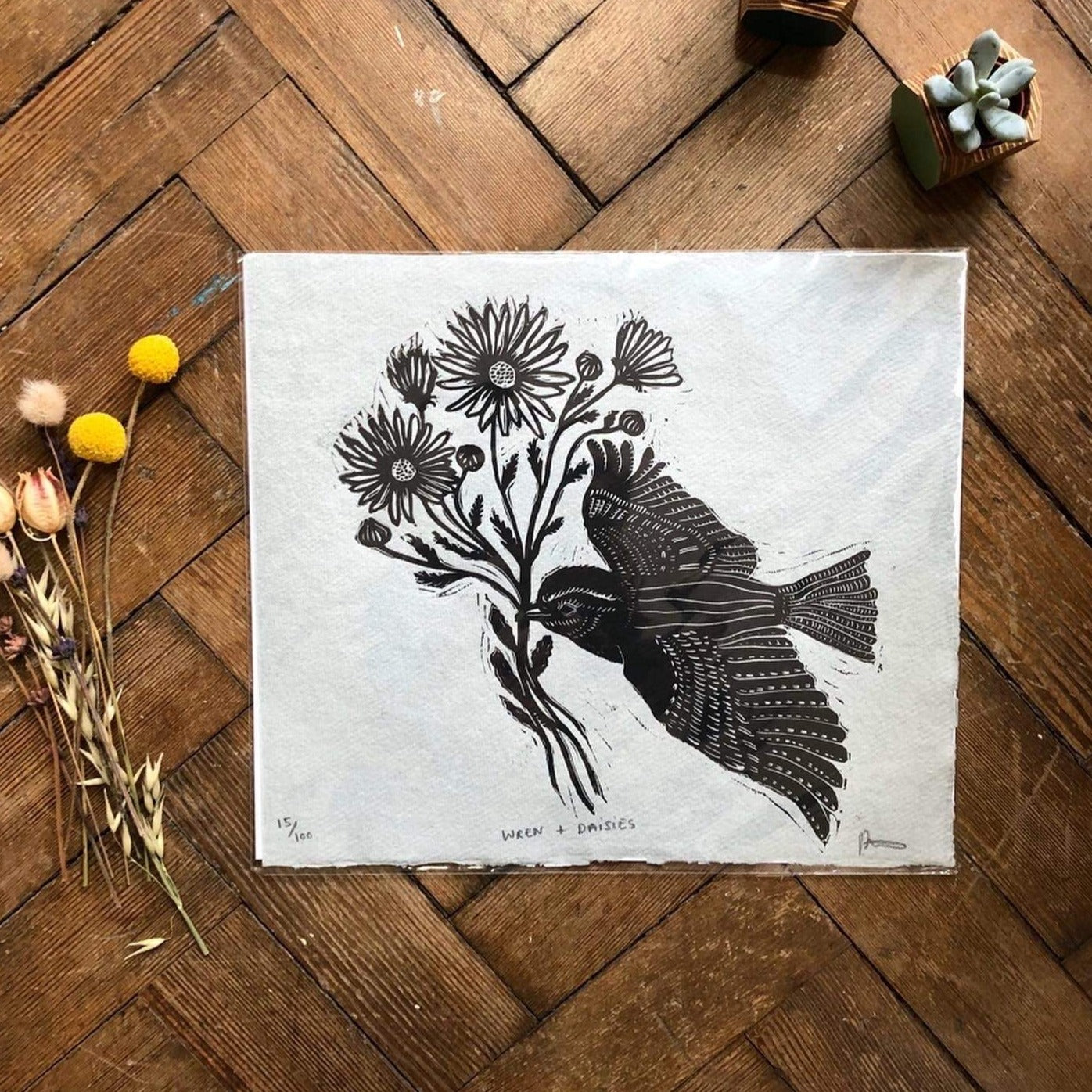 Prints Lino Print 'Wren & Daisies' - Two Colours homeware shops bristol gift shops bristol Rosanna Morris