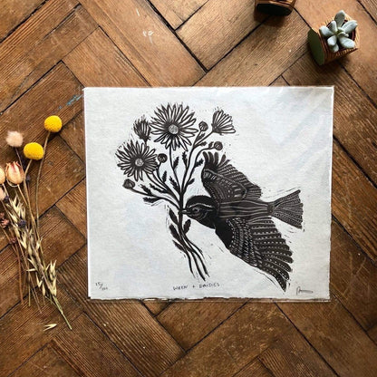 Prints Lino Print 'Wren & Daisies' - Two Colours homeware shops bristol gift shops bristol Rosanna Morris