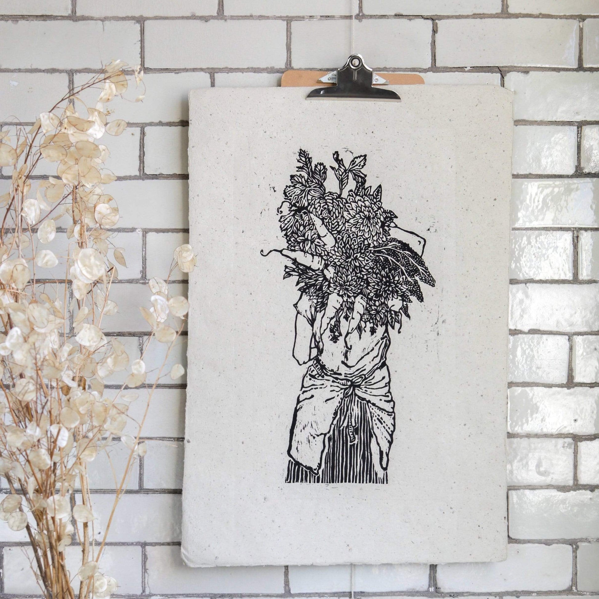 Prints Large Black Ink Lino Print 'Flower Harvest' homeware shops bristol gift shops bristol Rosanna Morris